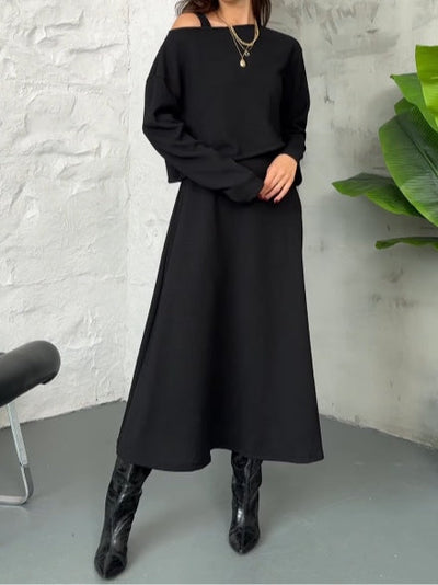 Marina – Luźny Komplet z Bluzką i Sukienką Midi